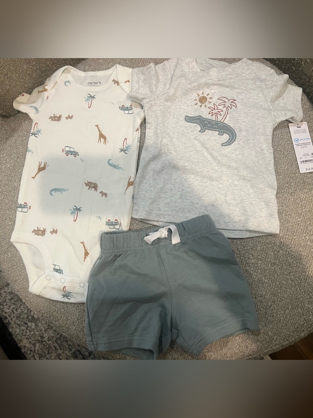 Carter's Blue Shorts & Light Gray Croc Graphic Tee with Printed Onesie